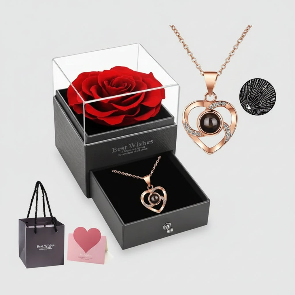 Caixa de Flores com Colar “I Love You”